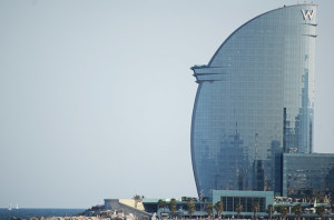 The W hotel from Barcelona as seen from Barceloneta beech.