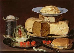 Dutch still life painting of cheeses, cherries and bread against a dark background