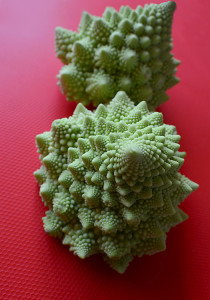Two Romanesco cauliflower next to each other on a red background
