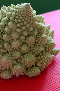 A Romanesco close up sitting on a textured red mat