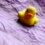 Small yellow rubber duck on crumpled purple tissue paper